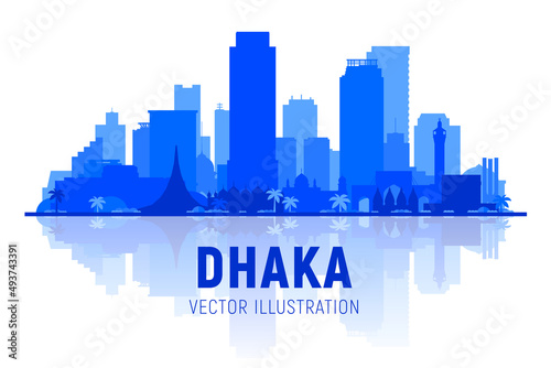 Dhaka Bangladesh skyline silhouette at white background. Vector Illustration. Business travel and tourism concept with modern buildings. Image for banner or web site.