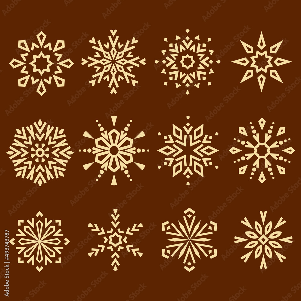 Snowflakes icon collection. Graphic modern gold ornament Snowflakes icon collection. Graphic modern gold ornament