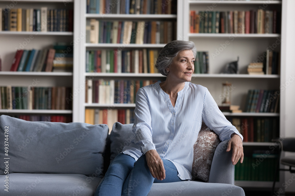Calm middle-aged grey-haired woman sit on cozy fashionable sofa in living room staring into distance looks pensive relaxing alone at home. Carefree retirement, recollect past life, memories concept Calm middle-aged grey-haired woman sit on cozy fashionable sofa in living room staring into distance looks pensive relaxing alone at home. Carefree retirement, recollect past life, memories concept