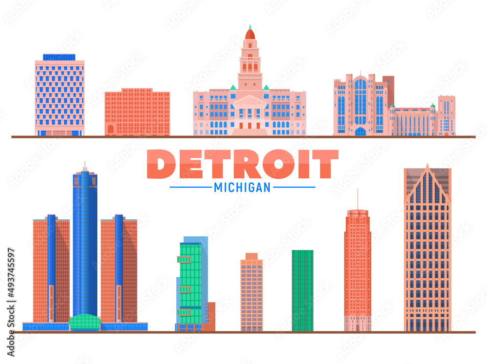 Detroit, Michigan (USA) city landmarks and monuments isolated on white background.