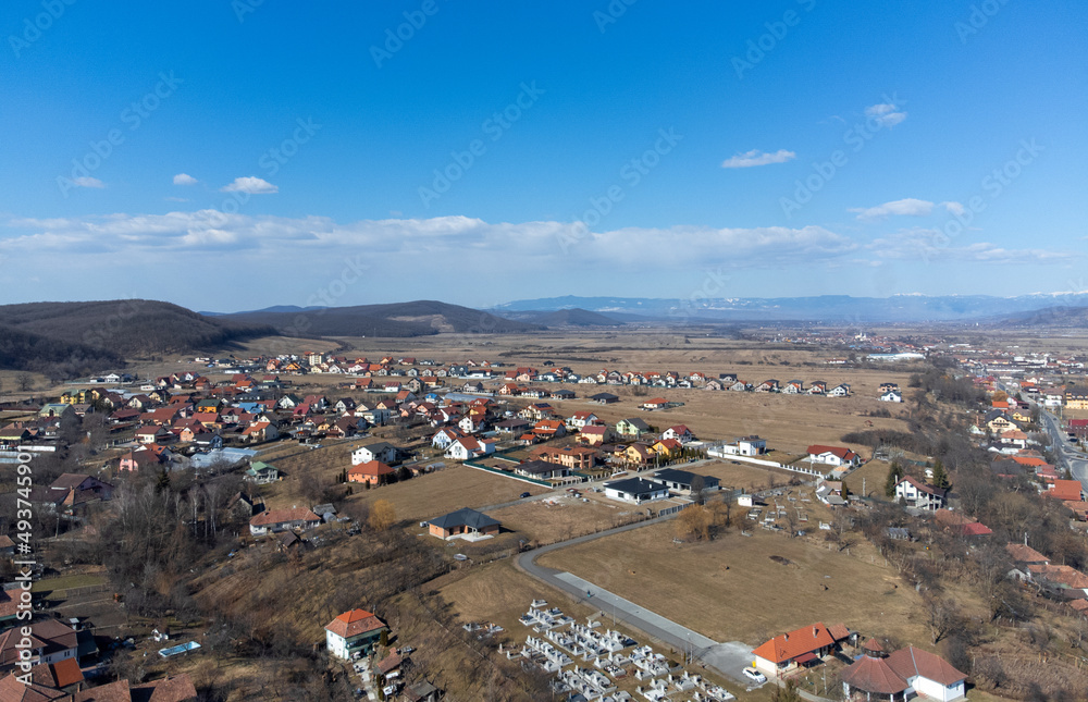 aerial view with a rural area on the upper Mures valley