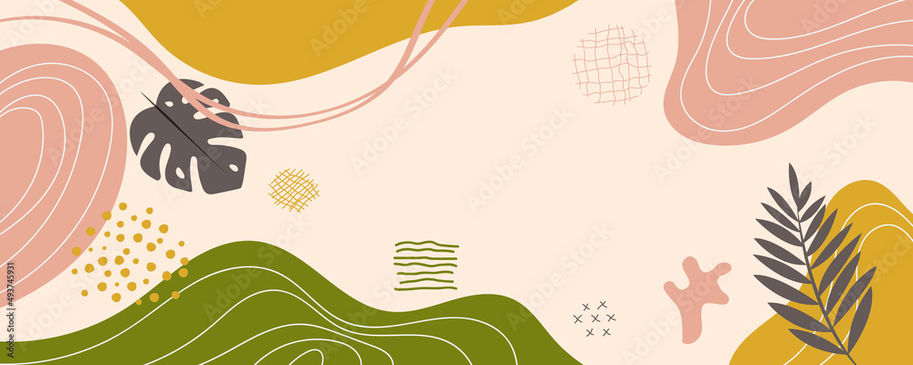 Minimal long vector banner in pastel colors. Abstract organic floral background with copy space for text. Facebook cover template	
