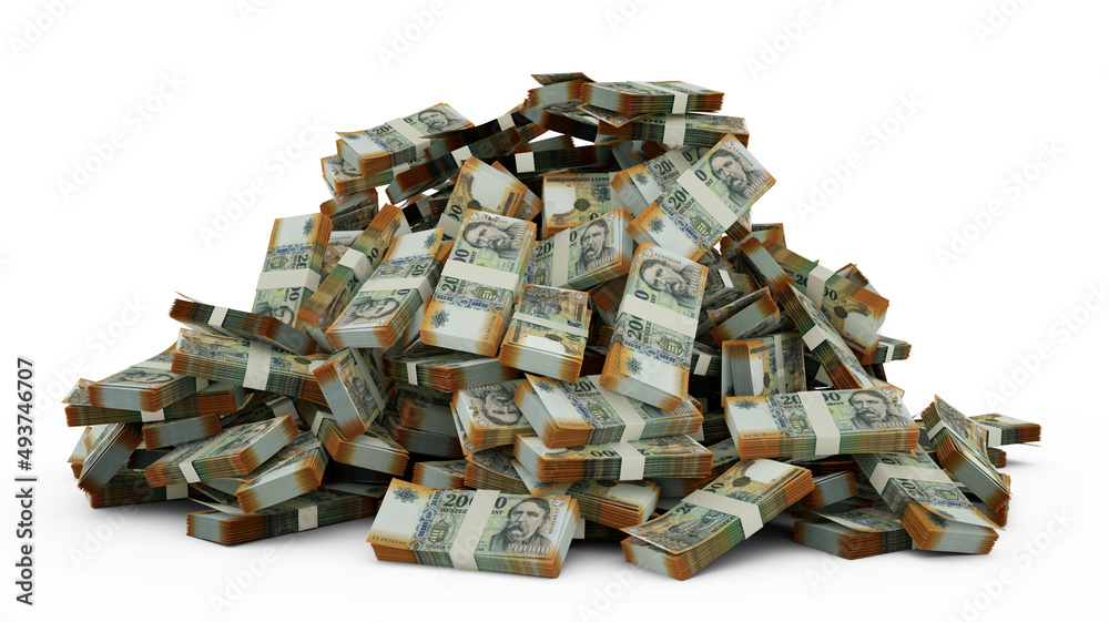 Big pile of 20000 Hungarian forint notes a lot of money over white background. 3d rendering of bundles of cash Big pile of 20000 Hungarian forint notes a lot of money over white background. 3d rendering of bundles of cash