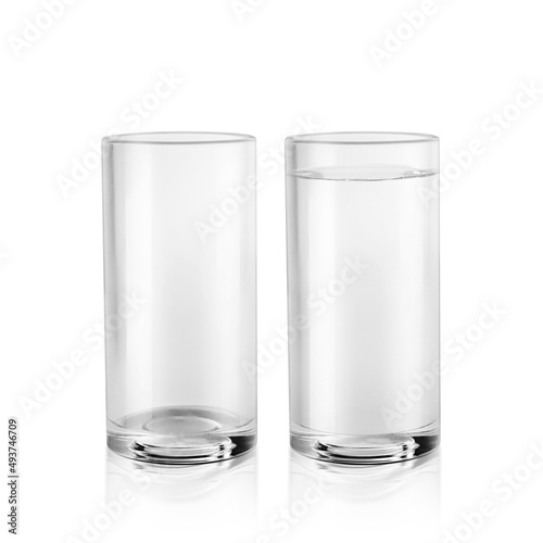 Empty water glass and glass of still water isolated on white background. 3d render