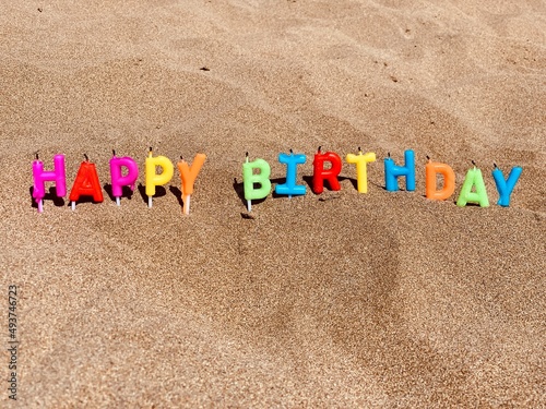 word on the beach happy birthday candles on the sand