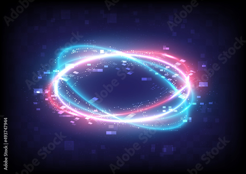 Glitch and pixels. Technology glowing swirl light effect. Power energy of circular element. Luminous sci-fi. Shining neon lights cosmic. Futuristic swirl universe trail effect. Magic frame