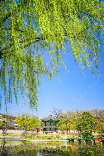 Hyangwonjeong Pavilion, Gyeongbokgung Palace, Seoul, South Korea. Gyeongbokgung Palace at spring