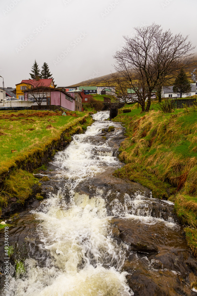 Small port town in rainy day, Vestmanna, Faroe Islands.