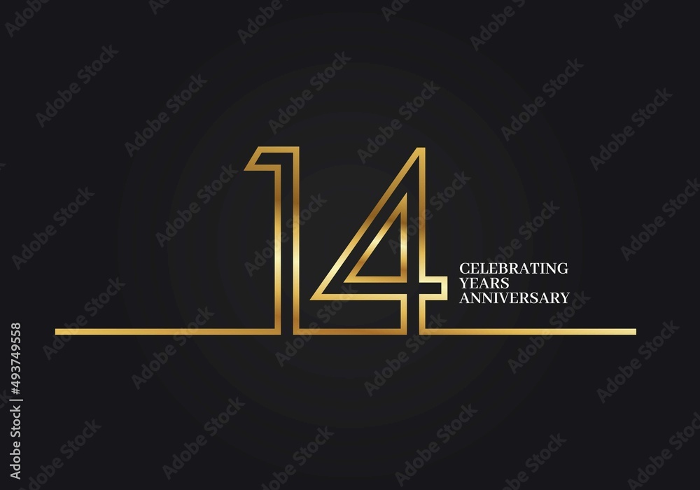 14 Years Anniversary logotype with golden colored font numbers made of one connected line, isolated on black background for company celebration event, birthday - obrazy, fototapety, plakaty 