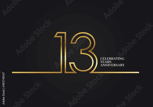 13 Years Anniversary logotype with golden colored font numbers made of one connected line, isolated on black background for company celebration event, birthday photo