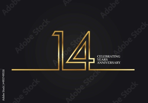 14 Years Anniversary logotype with golden colored font numbers made of one connected line, isolated on black background for company celebration event, birthday photo