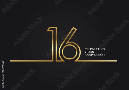 16 Years Anniversary logotype with golden colored font numbers made of one connected line, isolated on black background for company celebration event, birthday photo