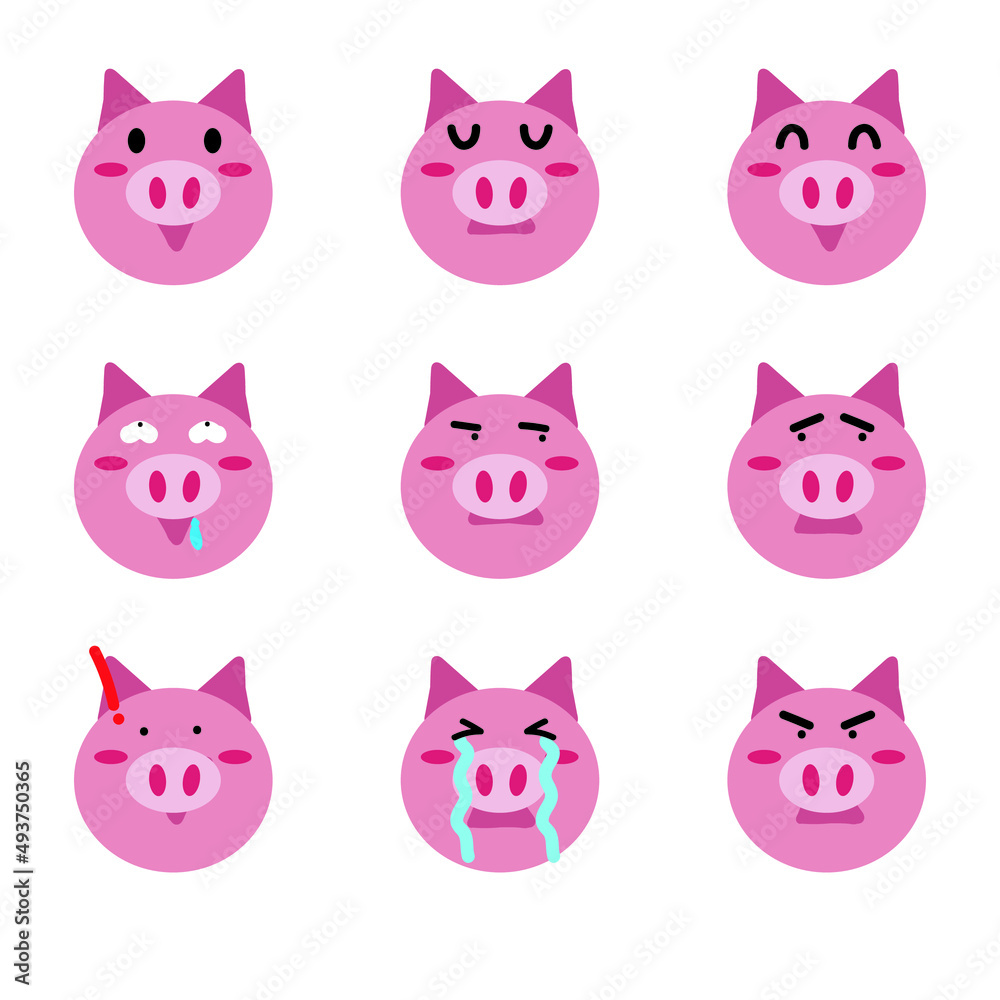Set of emoticons, emoji isolated on transparent background, vector illustration, animation, website, cartoon, cartoon pig sticker application. Emoticon character design pig face 