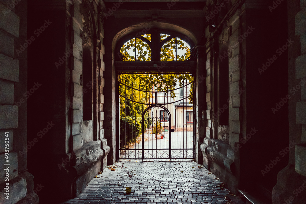 The entrance to old vintage courtyard in Odessa historical area of the city, Ukraine