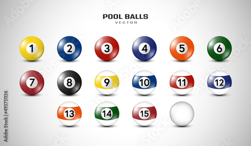 Billiard, pool balls with numbers collection. Realistic glossy snooker ball. White background. Vector illustration.