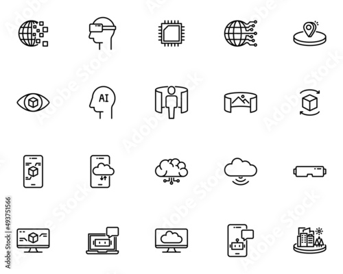 set of technology line icons, innovation, ar vr, metaverse