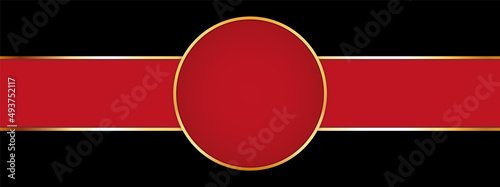 red colored ribbon banner with round banner with gold frame on black background