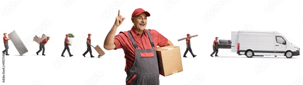 Cheerful mature mover pointing up and other movers putting household items in a van Cheerful mature mover pointing up and other movers putting household items in a van