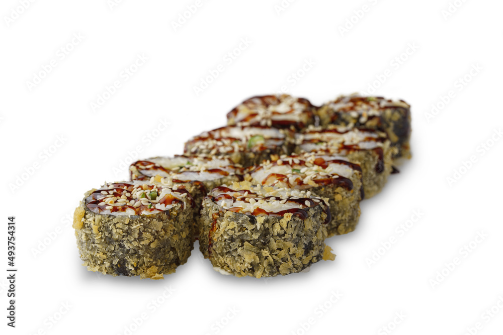 fried sushi roll with chuka, unagi sauce, tempura. Isolated on white background fried sushi roll with chuka, unagi sauce, tempura. Isolated on white background