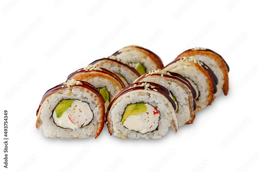 sushi roll with crab meat, avocado, cream cheese, eel, unagi sauce and sesame. Isolated on white background sushi roll with crab meat, avocado, cream cheese, eel, unagi sauce and sesame. Isolated on white background