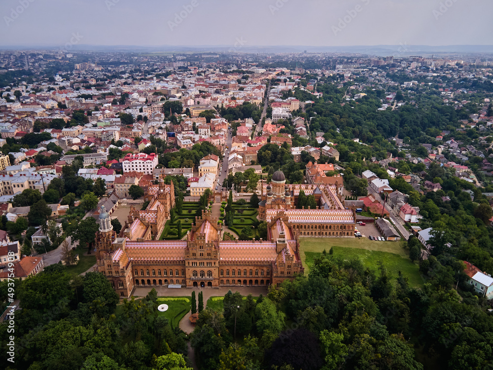 Aerial view of Yuriy Fedkovych Chernivtsi National University, Ukraine, Architectural monuments in western Ukraine, Chernivtsi touristic destination.