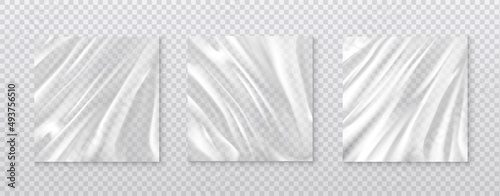 3d realistic vector icon. Three set of film polyethylene on transparent background. Transparent plastic film in square.