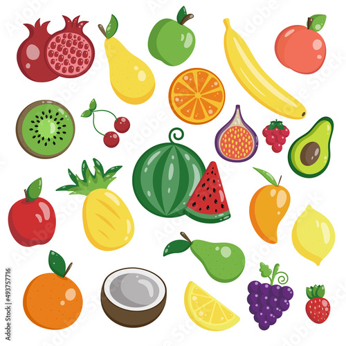 Vector flat illustration of fruit on a white background. Organic food. Pineapple, banana, pear, lemon, apple and other juicy fruits.