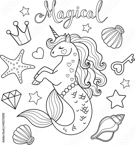 Mermaid unicorn with fish tale, seashells, crown, key and diamond. Vector outline for coloring book photo