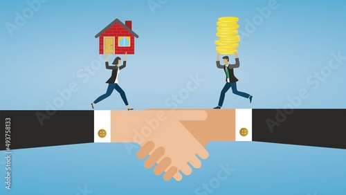 Canvas Print People meeting on handshake, carrying house and money