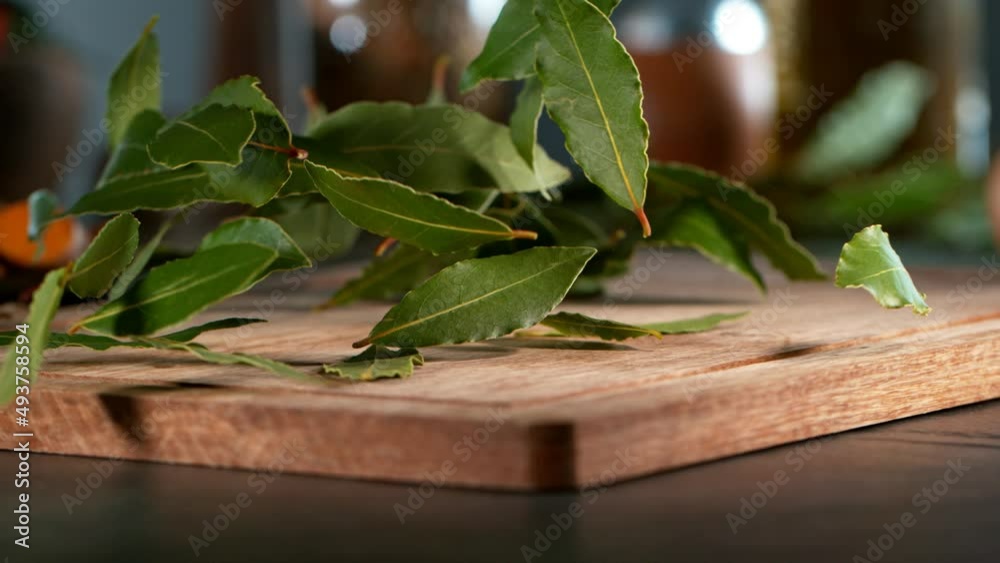 Camera Movement . Super Slow Motion Shot of Falling Fresh Bay Leaves on Wooden Kitchen Board, Filmed on High Speed Cinematic Camera at 1000 fps . Camera Movement . Super Slow Motion Shot of Falling Fresh Bay Leaves on Wooden Kitchen Board, Filmed on High Speed Cinematic Camera at 1000 fps .
