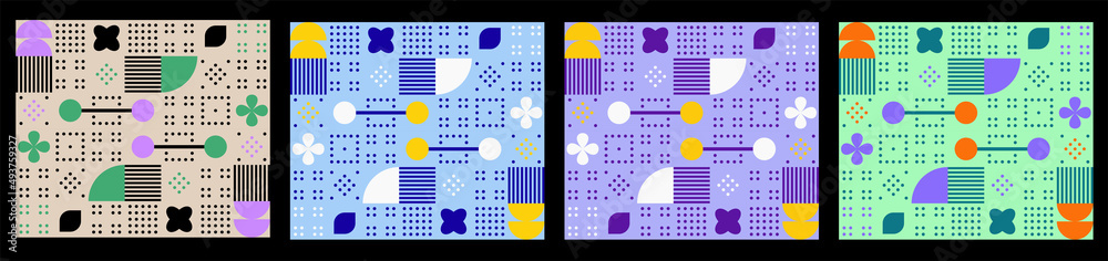 Trendy vector techno pattern with geometric shapes in beige, purple, blue-yellow and green. Pattern for IT, education, business, gardening, fashion and more. Pattern for backgrounds, tiles, banners. Trendy vector techno pattern with geometric shapes in beige, purple, blue-yellow and green. Pattern for IT, education, business, gardening, fashion and more. Pattern for backgrounds, tiles, banners.
