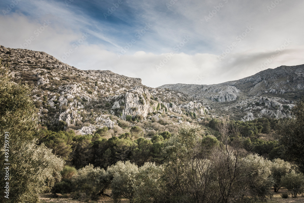 Scenic landscape of limestone formations at Sierra de Camarolos, Hondonero, Andalusia, Southern Spain