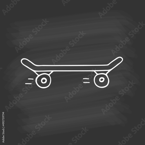 Hand drawn skateboard on chalkboard. White outline on black background. Cute element in doodle style for card, social media banner, sticker, print, decoration kids playroom. Vector illustration