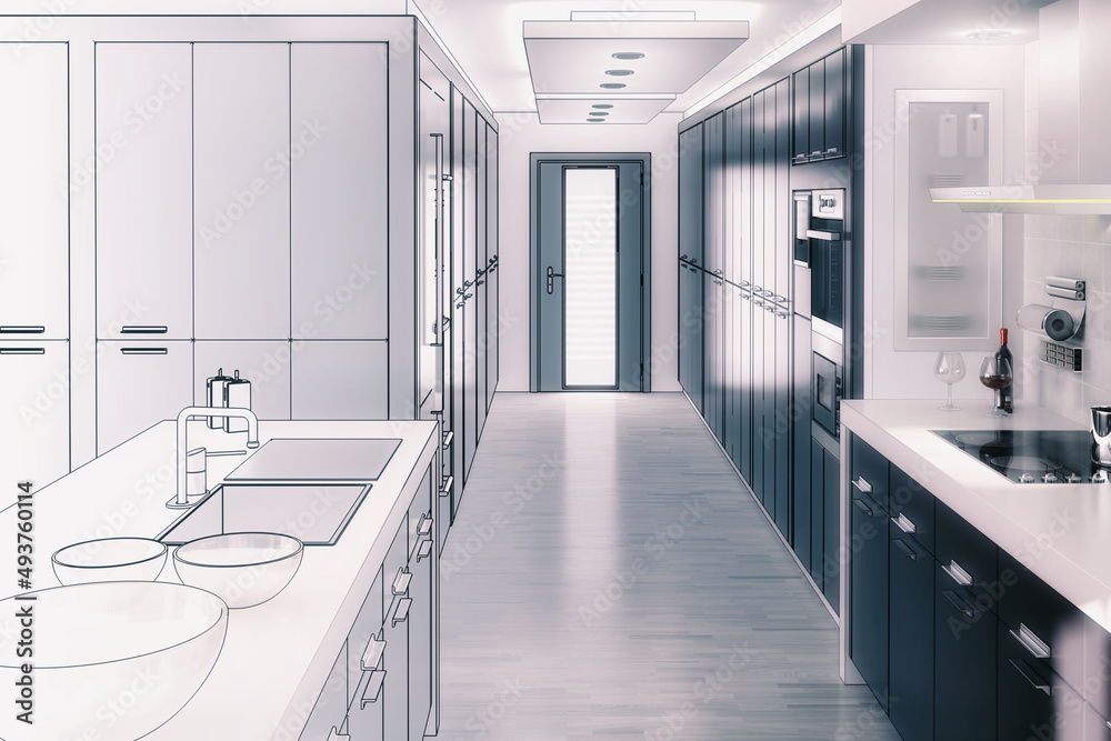 Contemporary Kitchen in Design - Draft 3D Visualization Contemporary Kitchen in Design - Draft 3D Visualization