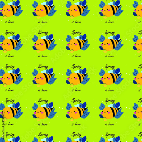 Seamless pattern with bees, honey, flowers, on white background vector illustration. Cute cartoon honey print. It can be used for wallpapers, cards, patterns for clothes web social poster banner card