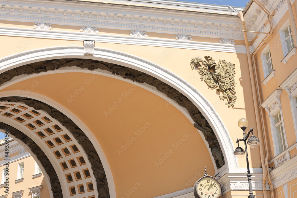 ST. PETERSBURG, RUSSIA - JULY 5, 2021: Triumphal Arch of the General Staff Building, which connects Palace Square via Bolshaya Morskaya Street with Nevsky Prospekt.