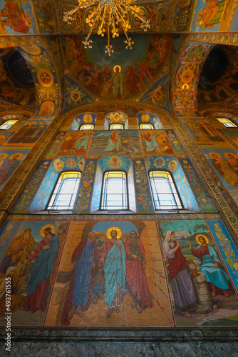 SAINT PETERSBURG  RUSSIA - JULY 7  2021  The interior of the Church of the Savior on Spilled Blood. Mosaics  Christ in Glory  and  Transfiguration  depicting Christ the Almighty.