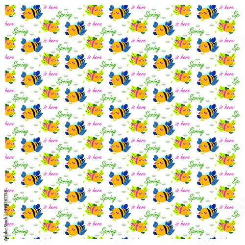  Bees Seamless pattern with honey, flowers, on white background vector illustration. Cute cartoon honey print. It can be used for wallpapers, cards, patterns for clothes web social poster banner card