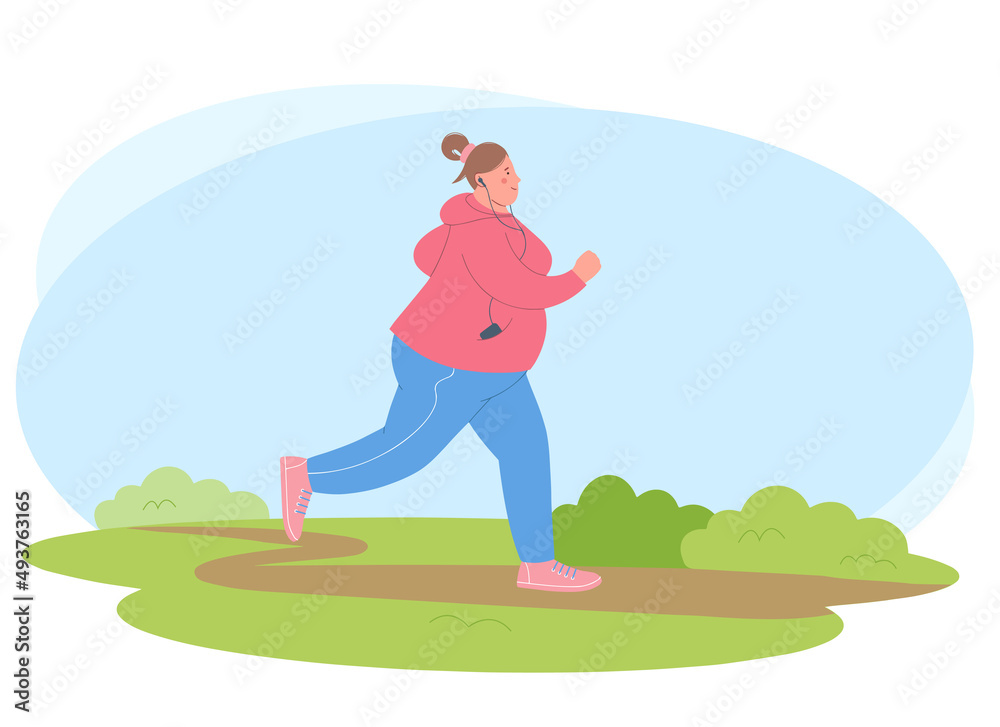 Young overweight woman is engaged in sports. Woman is jogging in the park. Concept of healthy lifestyle