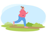 Young overweight woman is engaged in sports. Woman is jogging in the park. Concept of healthy lifestyle