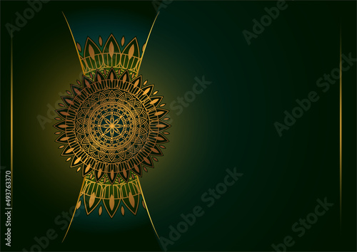Art of traditional Indian geometric. Luxury mandala graphic background. Gold, dark green, black ornamental on shadow transparency. Decorative pattern east style. Vector illustration with copy space.