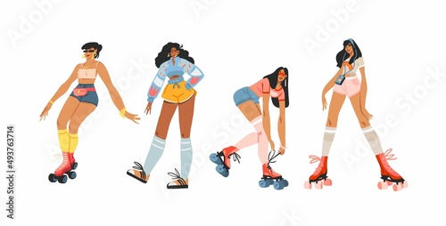 Hand drawn vector abstract flat stock modern graphic illustrations characters set of young summer happy retro vintage hippie girls roller skating,70s vintage print concept,retro vector people design.