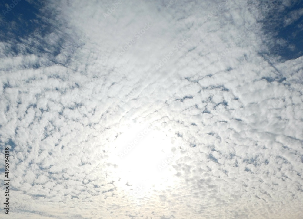 Tiny cottonlike puffs of white clouds that formed streaks in the blue sky with the most unique patterns. Truly spectacular cloud formation Tiny cottonlike puffs of white clouds that formed streaks in the blue sky with the most unique patterns. Truly spectacular cloud formation