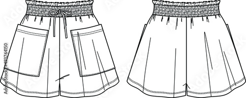 Fashion technical sketch of women shorts with pockets in vector graphic. Women shorts with elasticized waist flat, sketch, fashion illustration. Jersey or woven fabric short, front, back view, white