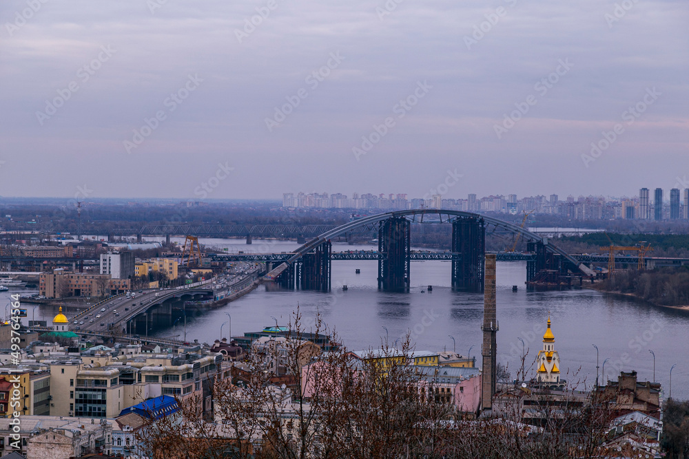 Streets of Kiev. Monuments, buildings and historical places.city scape in Kiev. beautiful sunset, blue sky with clouds