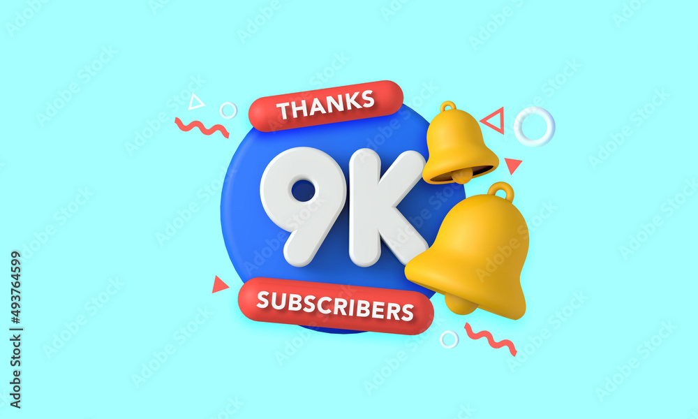 Thank you 9 thousand subscribers. Social media influencer banner. 3D Rendering