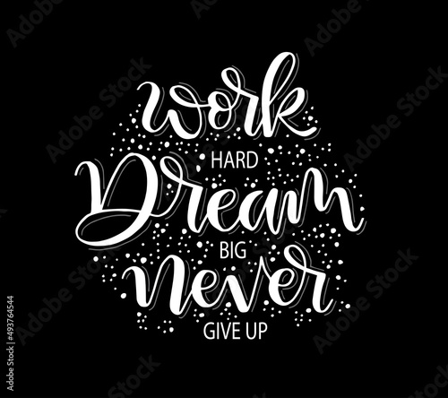 Work hard, dream big and never give up, hand lettering motivational quote