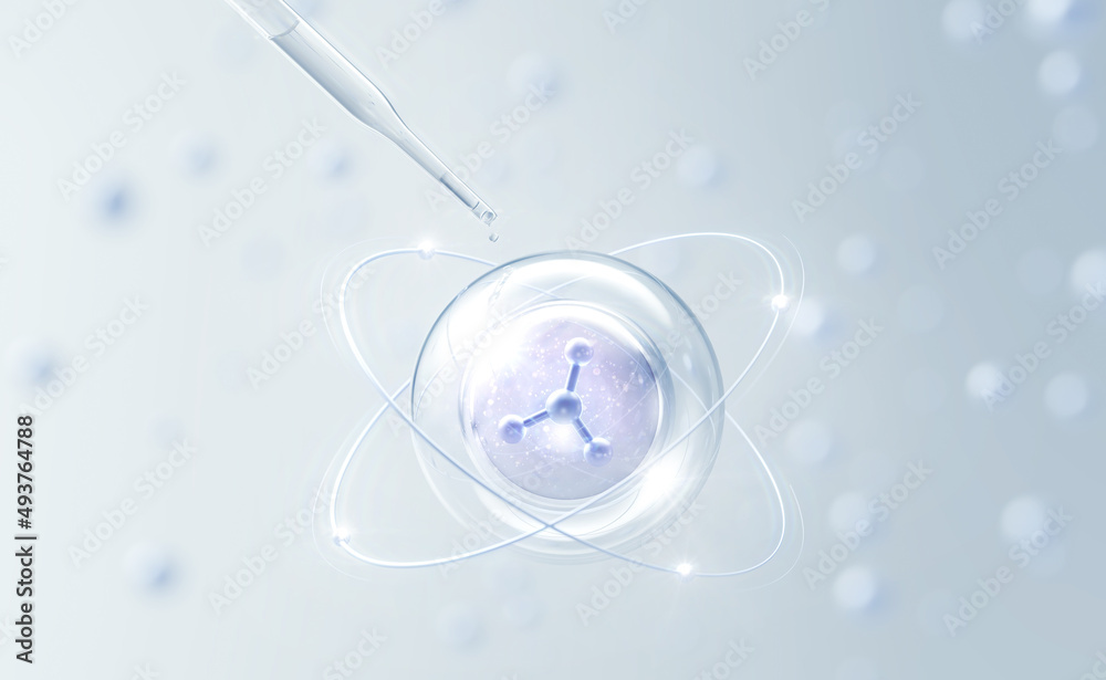 Dropper and Molecule inside Liquid Bubble, 3d illustration. Dropper and Molecule inside Liquid Bubble, 3d illustration.
