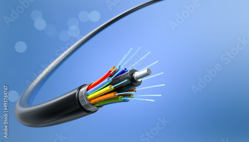 Fiber optic network, speed data connection cable technology background, 3d illustration. photo