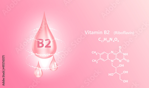 Structure vitamin B2 drop water collagen pink. 3D Realistic Vector. Medical and scientific concepts. Beauty treatment nutrition skin care design. Vitamin solution complex with Chemical formula nature.